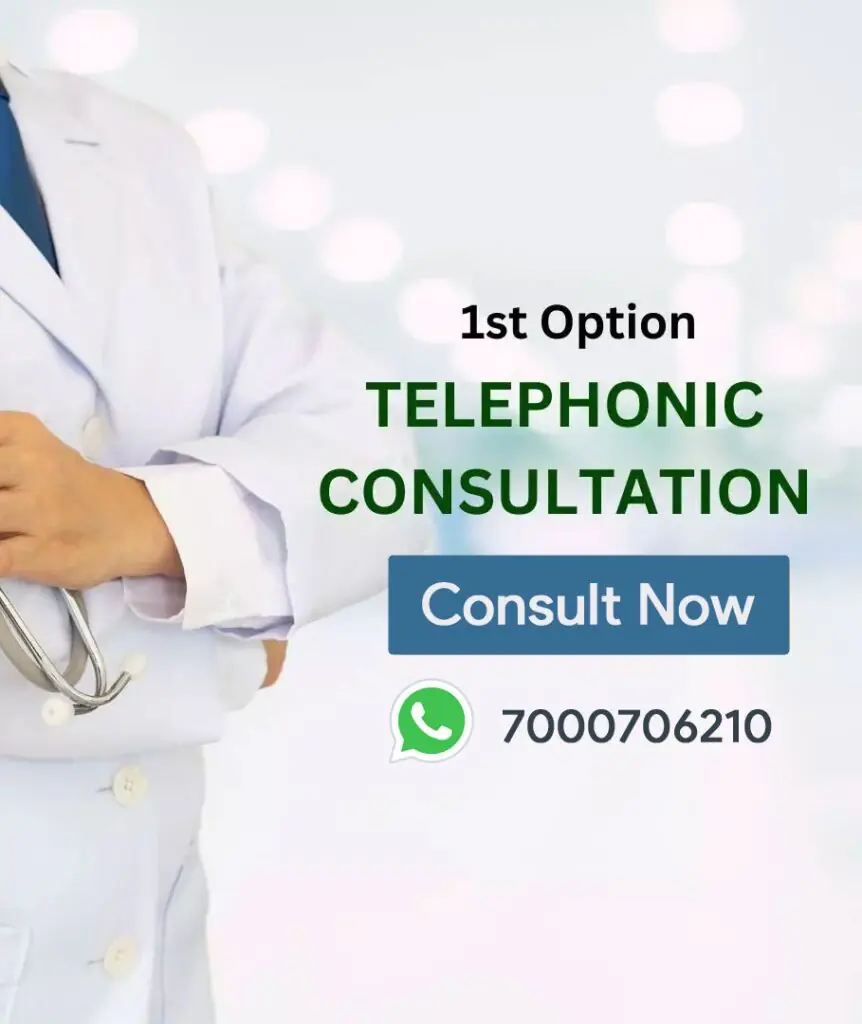 Telephonic consultation option with Dr. Varchasvi Mudgal, contact details via WhatsApp.
