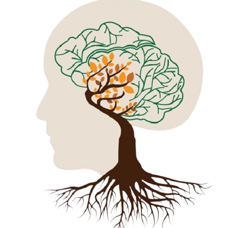 Logo featuring a brain with tree-like branches and roots inside a human head silhouette.