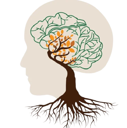Logo featuring a brain with tree-like branches and roots inside a human head silhouette.