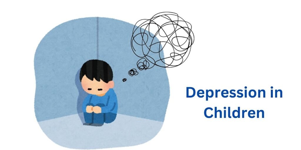 Illustration of a sad child sitting alone in a corner with a tangled thought bubble, representing childhood depression.