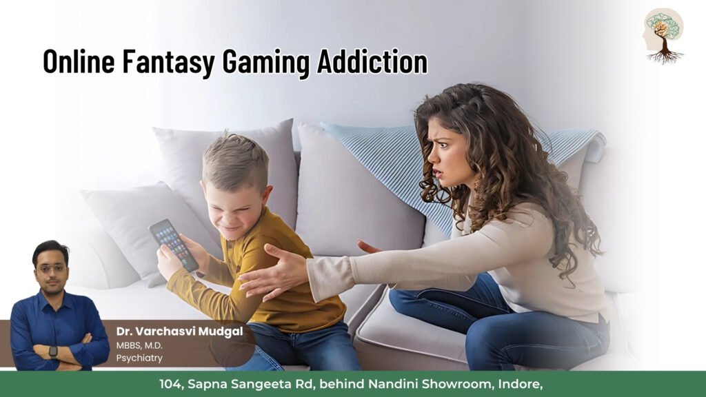 Mother trying to take mobile from child showing signs of online fantasy gaming addiction