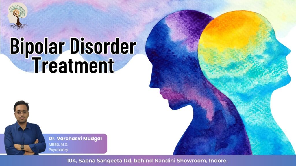 Watercolor silhouette illustration of two human profiles with contrasting blue and orange shades, representing the dual nature of bipolar disorder, with bold text "Bipolar Disorder Treatment" and a doctor’s information panel at the bottom.