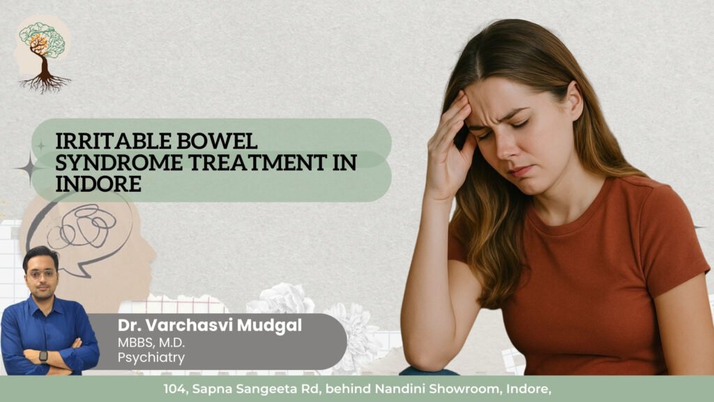 Irritable Bowel Syndrome Treatment in Indore showing a woman experiencing abdominal discomfort with psychiatric gut-brain care support