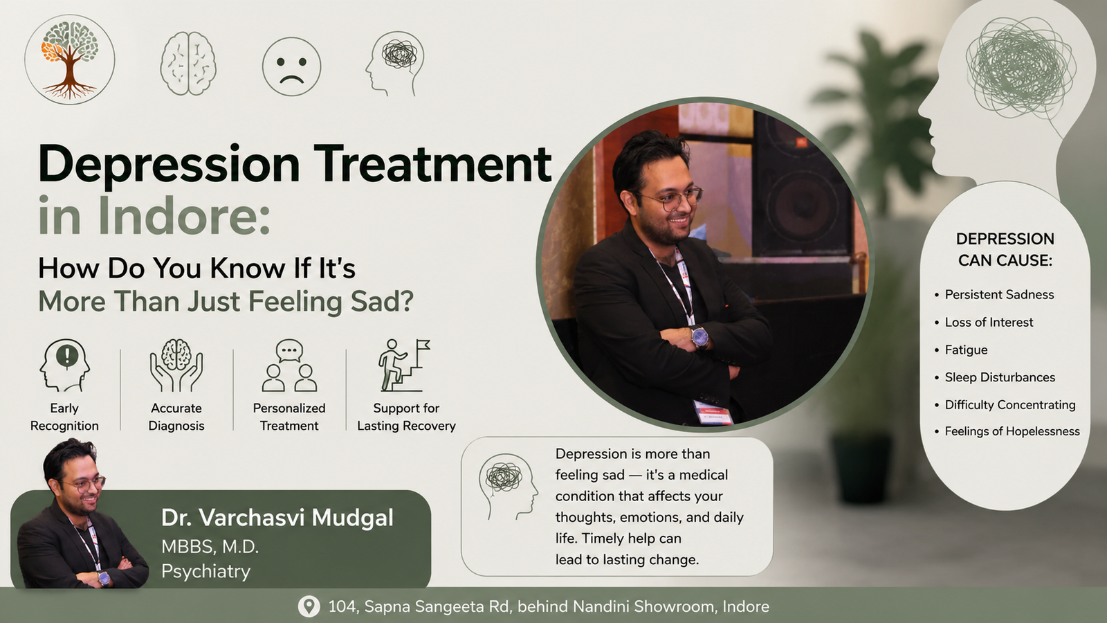 Depression Treatment in Indore infographic featuring Dr. Varchasvi Mudgal, with information about depression symptoms, early recognition, accurate diagnosis, personalized treatment, and lasting recovery.